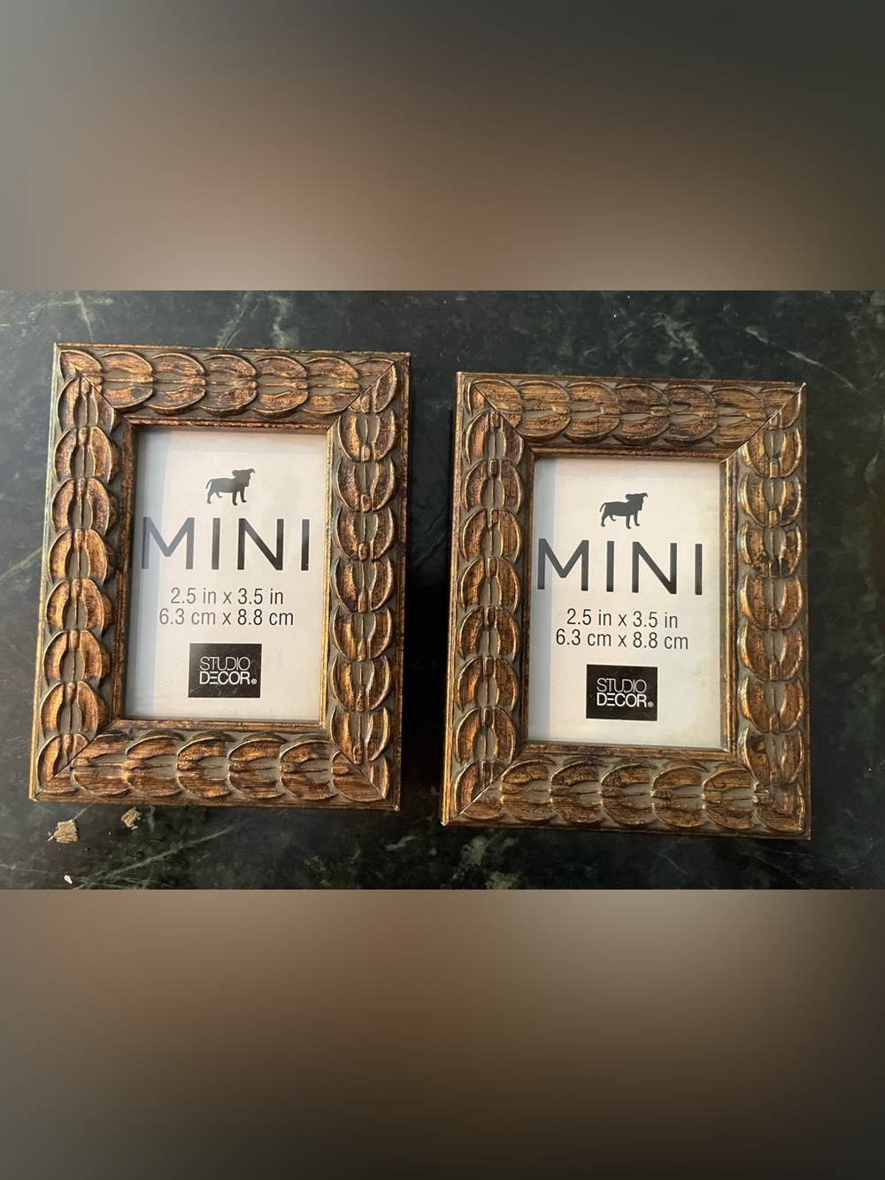Set of 2 Vintage Gold Mini Picture Frames 2.5x3.5 Ornate Boho Hollywood Regency